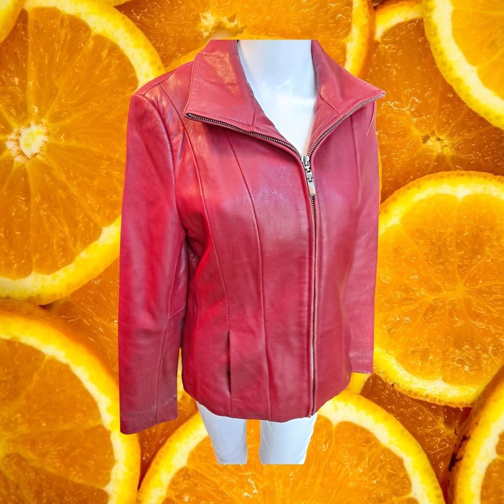AVANTI NEW‎ YORK Red Leather Jacket Zip Front Collar Women's Size S
